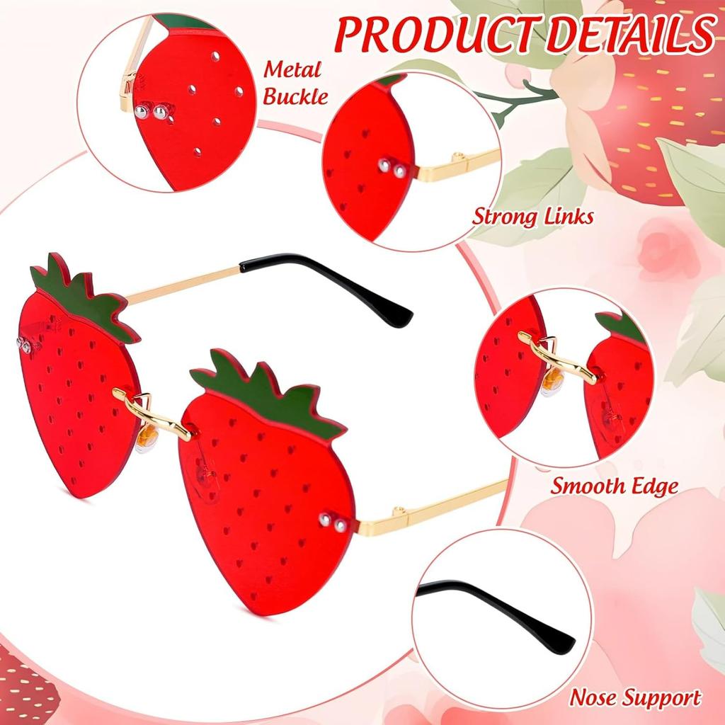 Strawberry Shape Sunglasses Red Strawberry Rimless Sunglasses Fruit Theme Party Prom Accessories Costumes Glasses for Women Summer Holiday Birthday