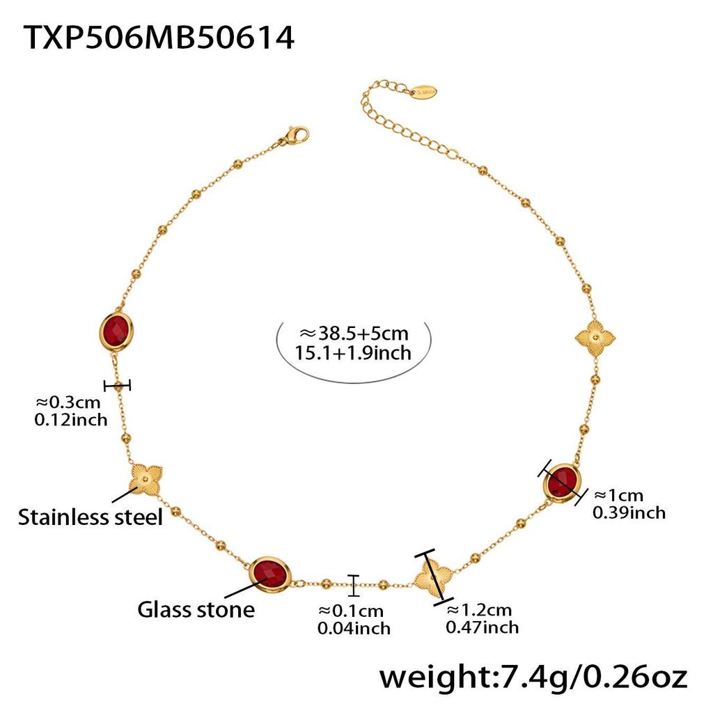 18K Gold-Plated Stainless Steel Jewelry Set: Bead Chain Necklace & Earrings with Oval Bezel Faceted Glass Stone.