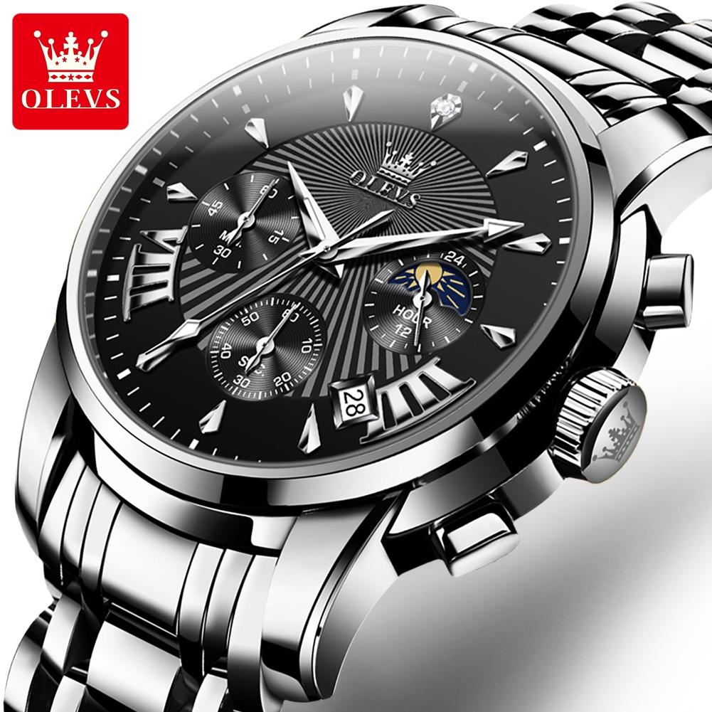 OLEVS Mens Watches Top Brand Luxury Moon Phase 24 Hour Chronograph Quartz Watch Stainless Steel Waterproof Sport Wristwatches