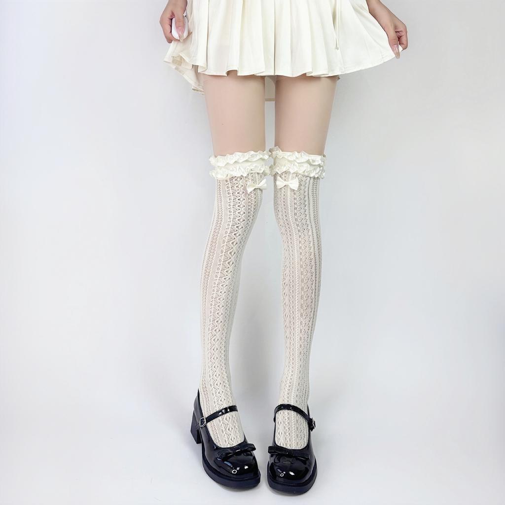 Retro Lolita Lace Bow Over-the-Knee Socks Hollow Lace Mary Jane Sweet Mid-Calf Socks Summer Thin Short Socks