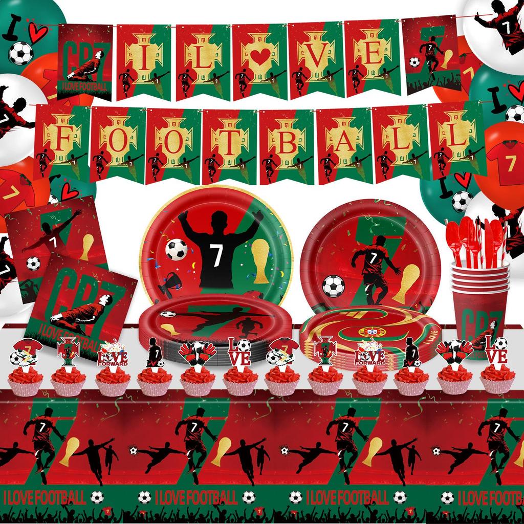 CR7 World Cup Star Fan Party Set: Plates, Cups, Napkins, Tablecloth, Banner & Decorations.