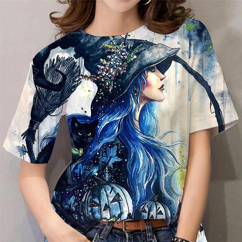 Halloween Pattern T Shirt For Women Witch 3D Printed Short Sleeves Summer Casual Oversized T-Shirts O-Neck Tops Tees Streetwear