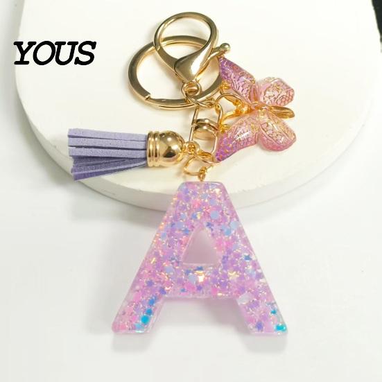 Key Holder For Backpack Purple Series Keychain Pendant, Sequins Star Initial Letter Charm Chain with Butterfly Tassel Design, A-Z for Bag