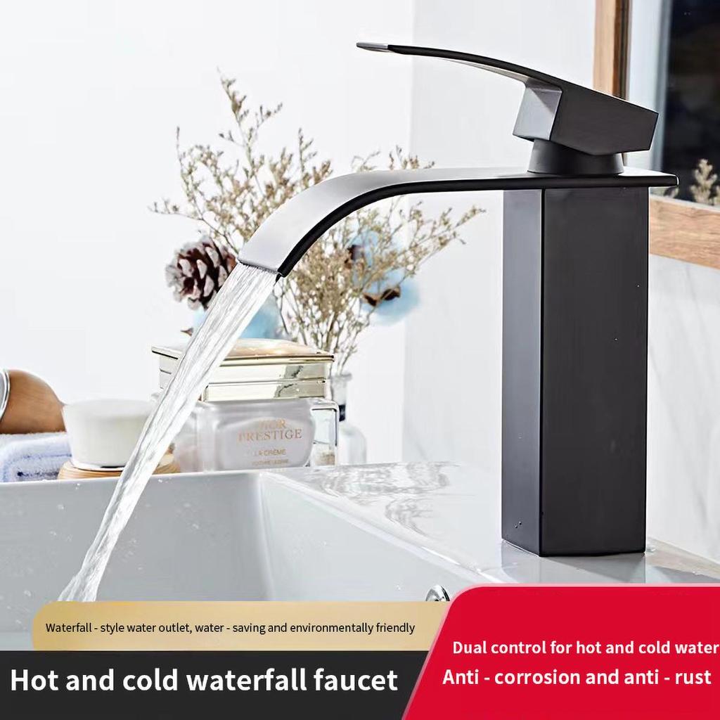 Messing/Edelstahl Badezimmer-Mischbatterie - Heiß-/Kaltwasser Flacher Auslaufhahn für Waschbecken Badewanne, Galvanisch Beschichtet Korrosionsbeständig