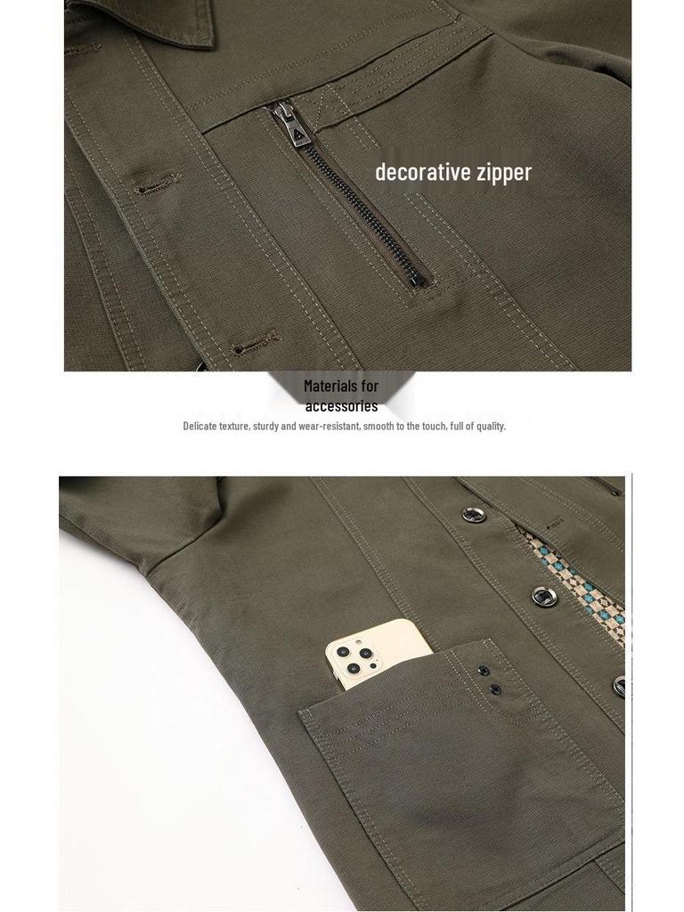Men's Mid-length Cotton Jacket: Spring/Autumn, Lapel, Button-up, Dad Style, Plus Size for Middle-aged/Elderly