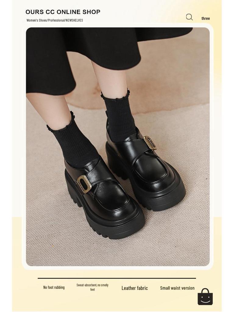 Women's Black Velcro Slip-on Height-Increasing Oxford Loafers, Thick Sole, Autumn 2025.
