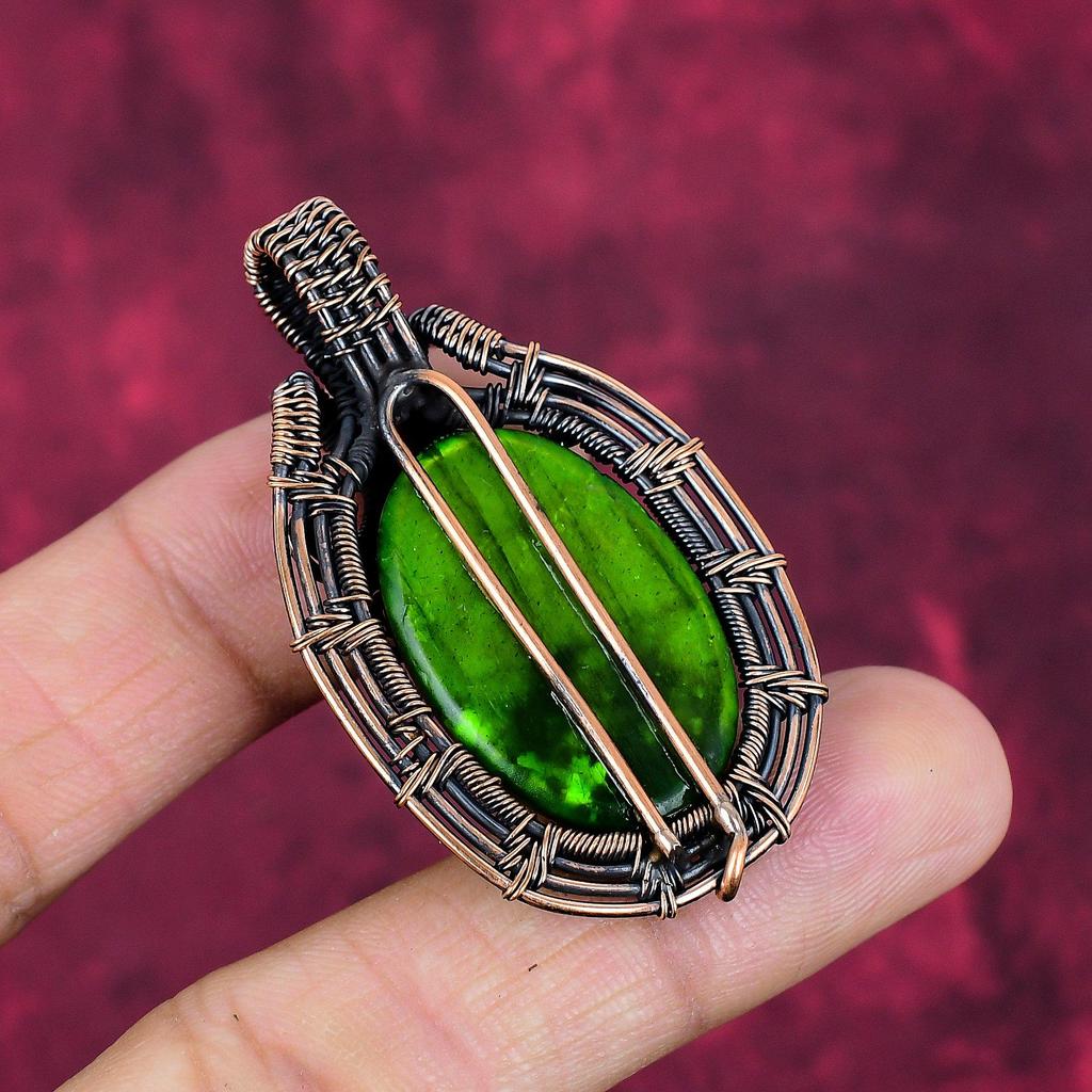 Green Fire Labradorite Pendant Real Gemstone Jewelry Copper Wire Wrapped Pendant