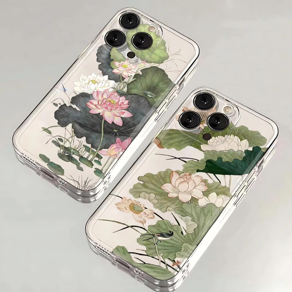 Chinese Ink Wash Lotus Bird Clear Phone Case for iPhone 17 16 15 14 13 12 11 16E Series Pro Max Plus Double Layer Protection