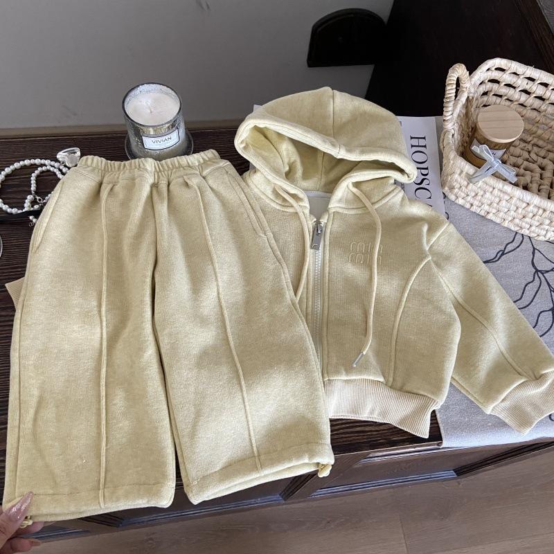 

Girls Spring/Fall Casual Set: Hooded Cardigan Jacket + Solid-Color Wide-Leg Pants Two-Piece Set 140