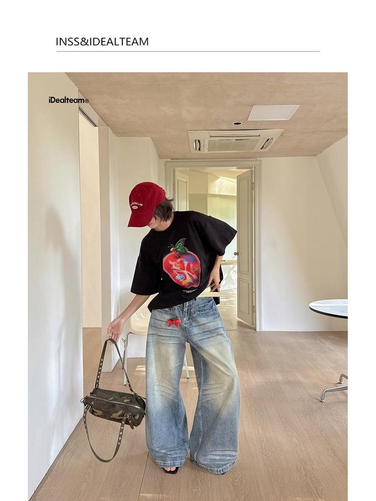 INSS Retro Washed American Style Loose Wide-Leg Denim Pants Women, Floor-Length, Spring 2026 #900501