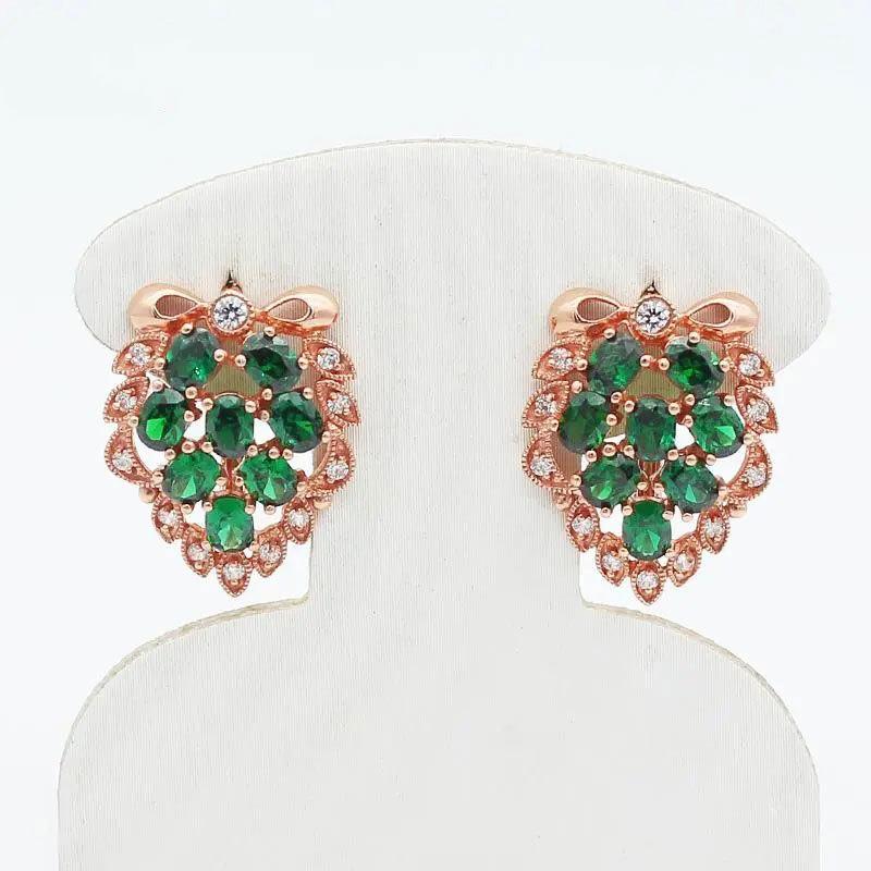 Изысканные Русские Серьги 585 Пробы Фиолетового Золота с Инкрустацией Зеленым Камнем Легкая Роскошь Изысканный Характер Серьги с Покрытием Розовым Золотом