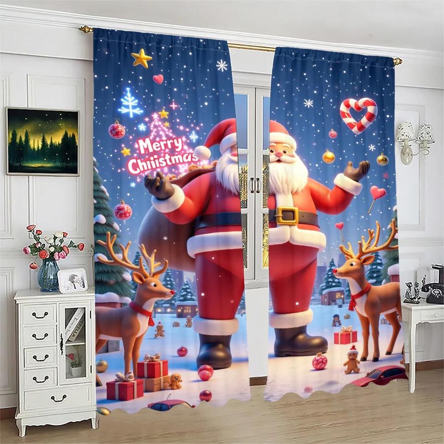 2pcs- Christmas Santa Claus Christmas Tree Pattern Printed Curtains   Christmas Decorations   Home Decorations   Room Decorations