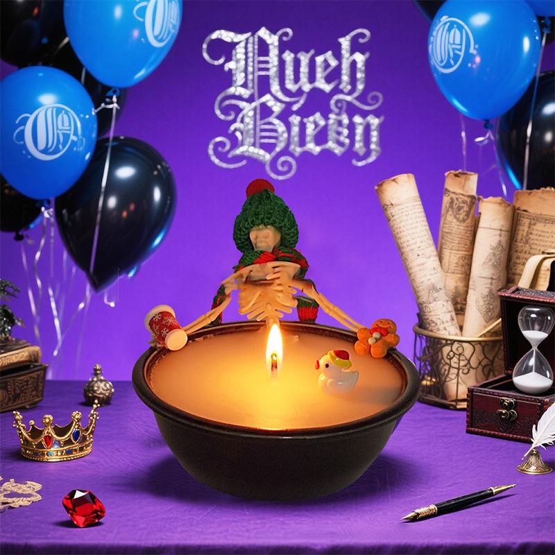 Halloween Skeleton Candle Decorations Ornament Gothic Cauldron Milk Basin Bathing Skull Candle With Hat Scarf Home Decor Gift