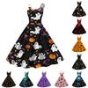 Women's Halloween Print Dress Sleeveless Spaghetti Strap Fit and Flare Dress Vintage Style Halloween Themed Dress for Casual Wear