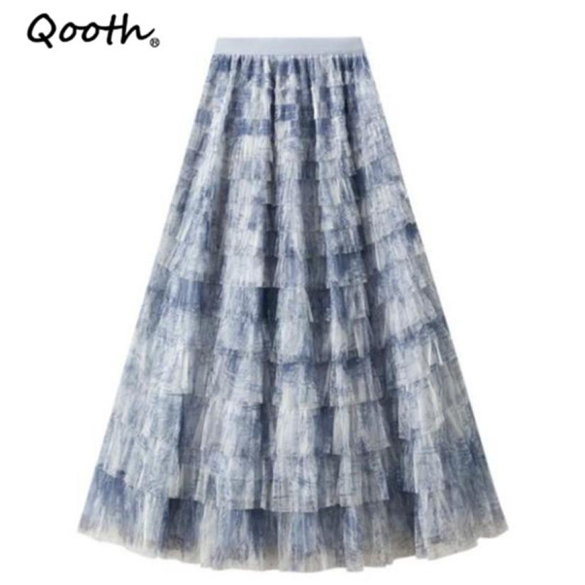Qooth Women A-line Tulle Gradient Ruffle Skirt Wide Hem Mid Length Elastic Waist Casual Skirt QT2636