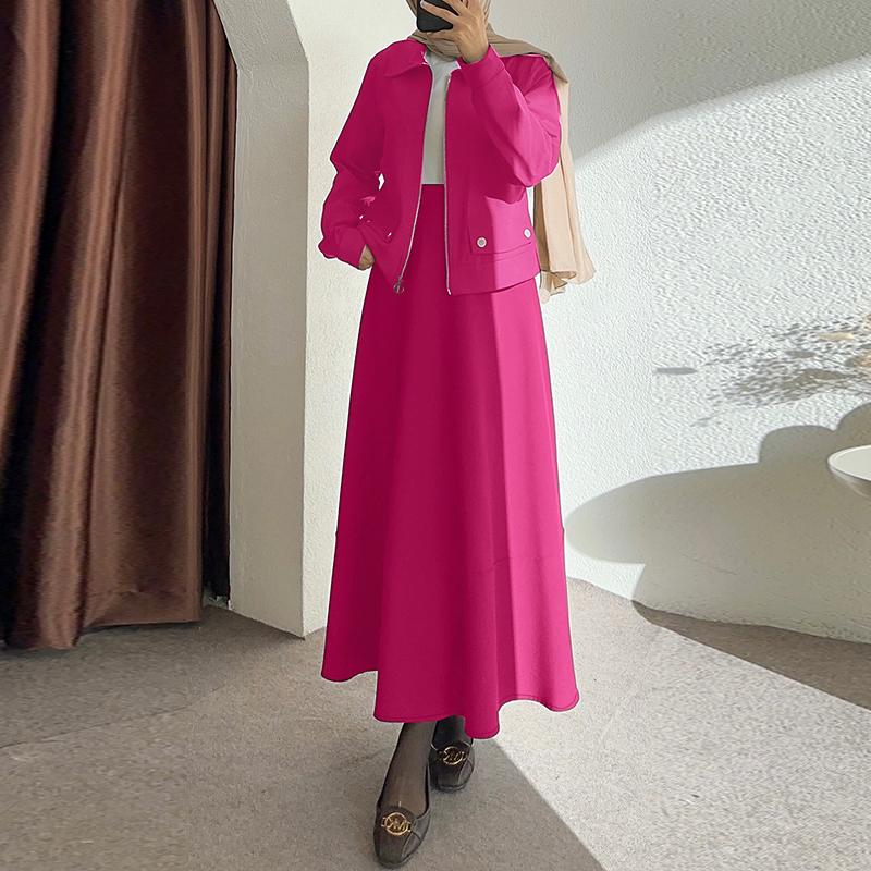 

ZANZEA Women Long Sleeve Thin Outwear and Long Skirts Casual Two Piece Suit Sets 5XL темно-рожевого кольору