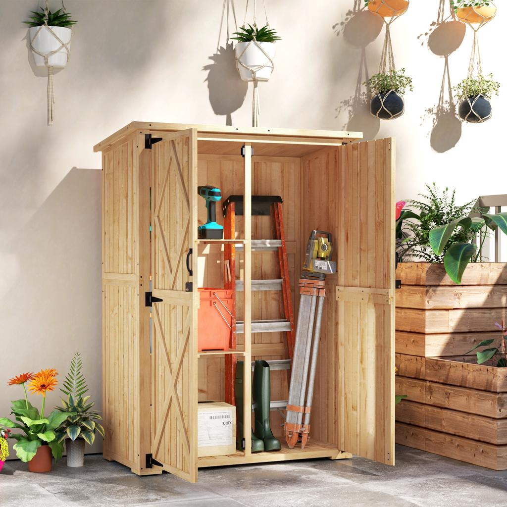 Garden Storage Shed, Wooden Shed for Tools and Garden Equipment, Asphalt Roof, Double Doors, Spruce Wood, Light Brown