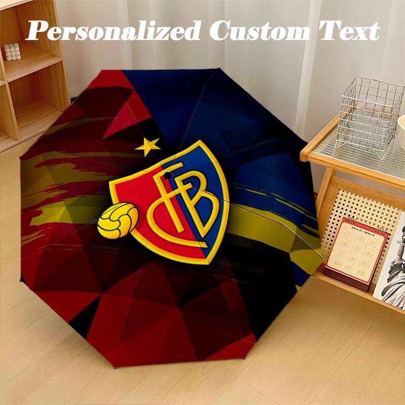 8‑Rib Automatic Umbrella, FC Basel Design Foldable Umbrella for Sun Rain Protection Travel