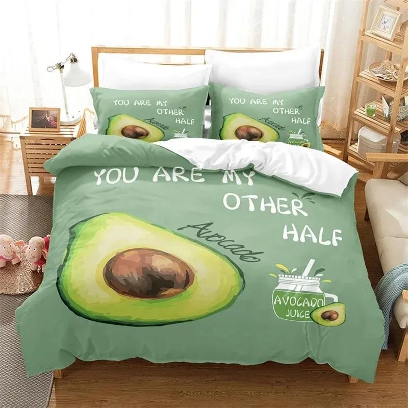 Avocado Duvet Cover Set Queen Size 3D Printed Cartoon Funny Faces Avocado Bedding Set Green White,Tropical Botanical Quilt Cover