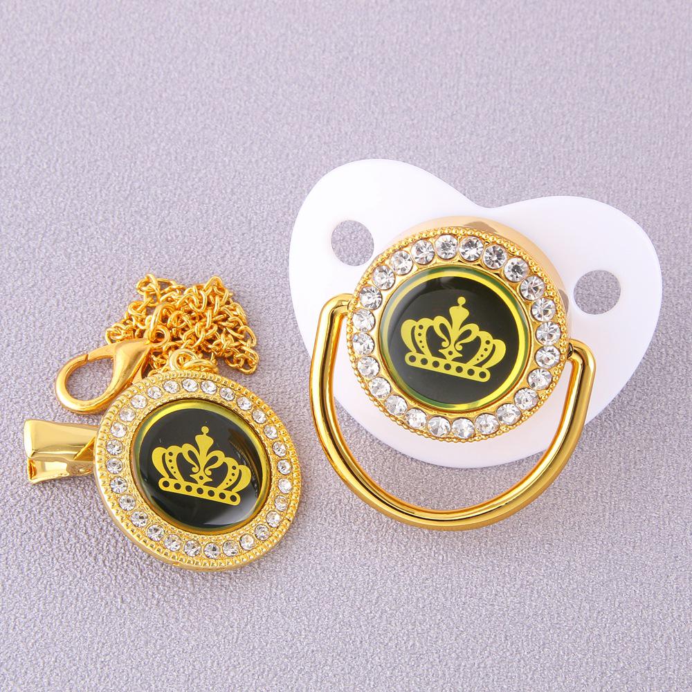 High-End Gold Diamond Baby Pacifier with Cartoon Crown and Chain Clip
