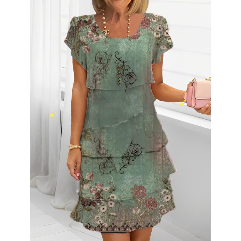 

Women s Casual Floral Print Midi Dress Vintage O-neck Flare Short Sleeved Fashionable Boho Casual Dresses S