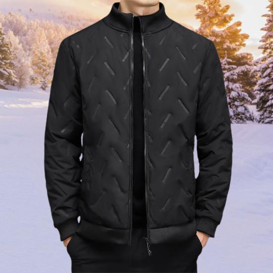 Men Jacket Lapel Long Sleeve Embossed Lines Zipper Pockets Elastic Hem Plush Lining Coat Solid Color Thickened Outwear
