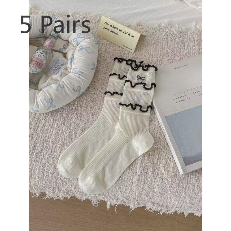 5 Pairs of Women's Summer Thin Breathable Cotton Lace Bow In The Tube Pile Socks
