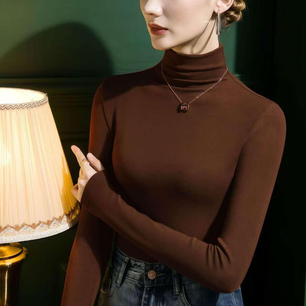 Brushed Women's Semi-High Neck Slimming Long Sleeve Top - Fashionable and Versatile.