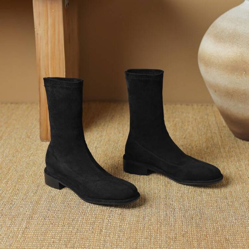 Autumn and winter comfortable suede elastic medium boots women's rubber soles square heel leather boots square head Korean version of the new knig