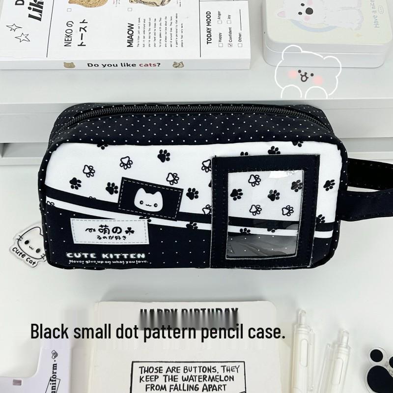 Polka Dot Cat Denim Pencil Case - Large Capacity Multifunctional Student Stationery Bag