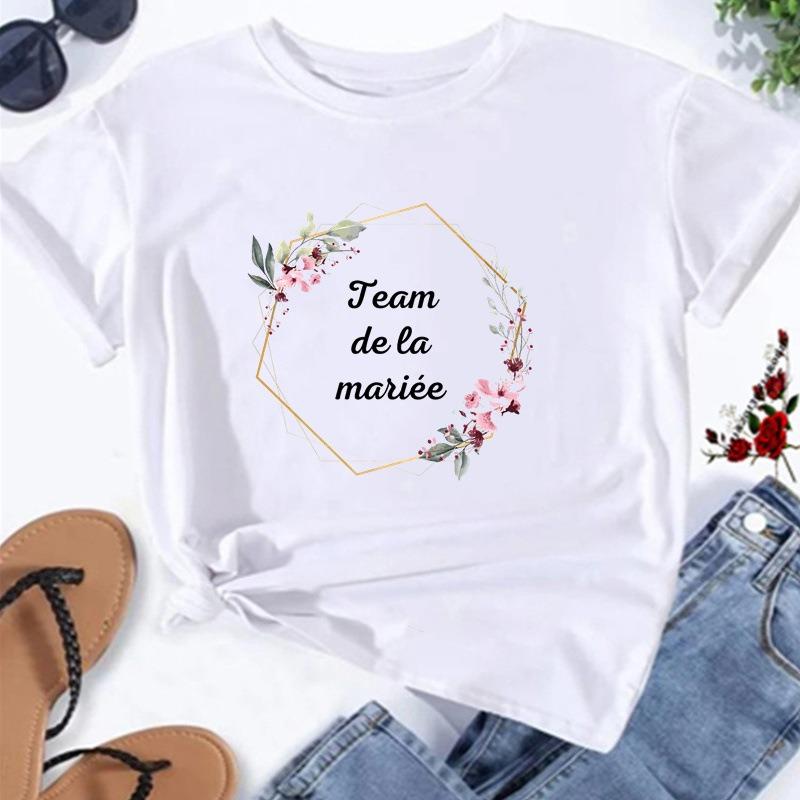 Floral Wreath French Bridal Team Womens TShirt Future Mariée Printed Short Sleeve Casual Top Bachelorette Party Gift