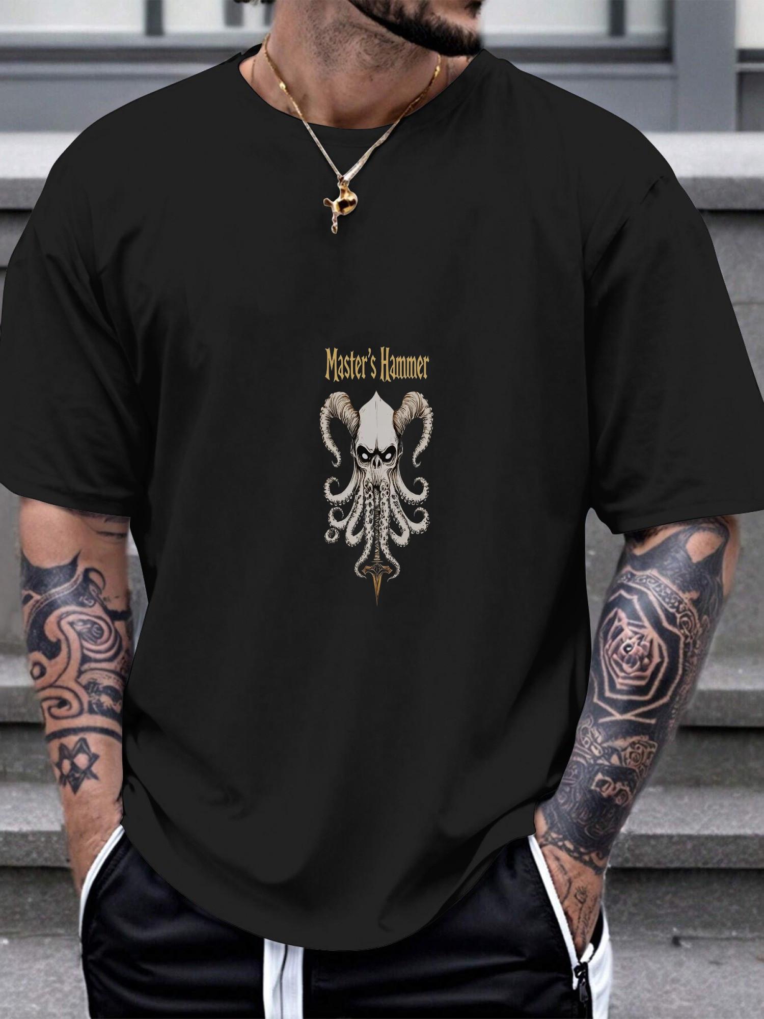 1pc Masters Hammer Heavy Metal Graphic T-shirt - Black Octopus Skull & Crossed Bones Design L