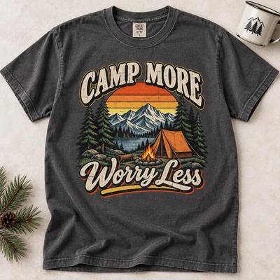 Camp More Worry Less Shirt Vintage Camping T-Shirt Retro Nature Hiking Graphic Tee Outdoor Adventure Graphic Shirt Camper Gift for Him Her