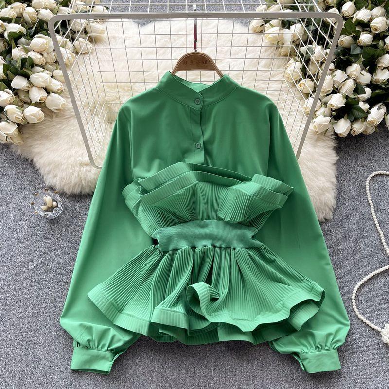 Socialite Puff Sleeves Autumn Waist Trimming Ruffles Shirt