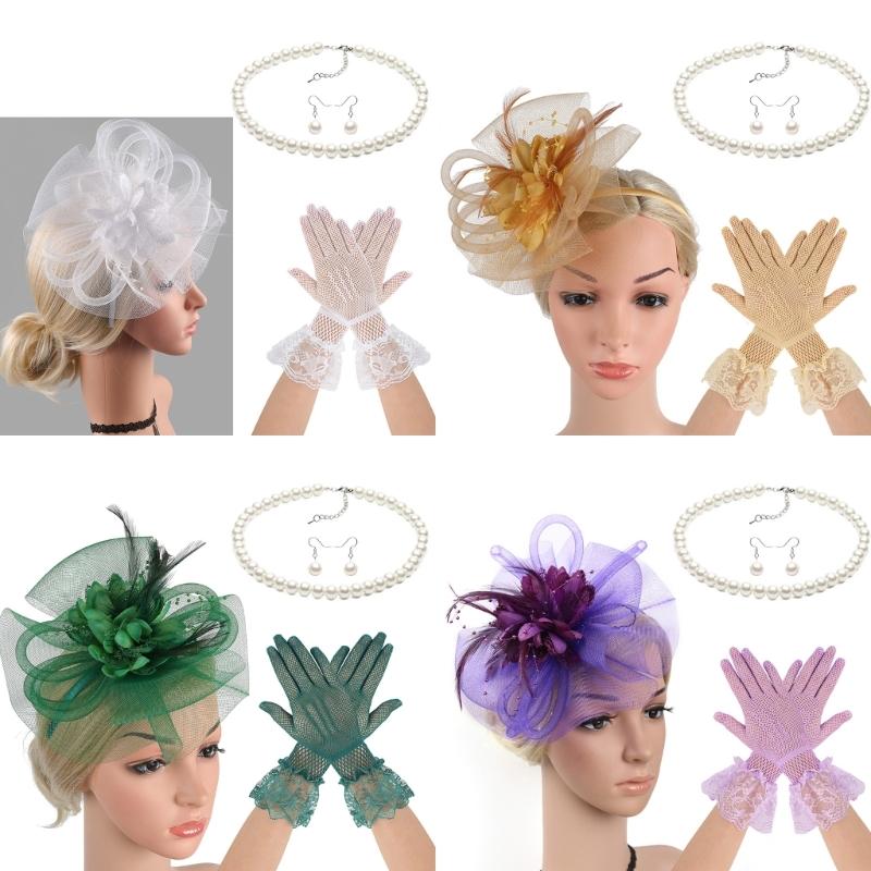 Lace Flower Fascinator Hat Hairband Necklace Gloves for Cocktails Event Dressingup Roleplay Flapper Costume Accessories