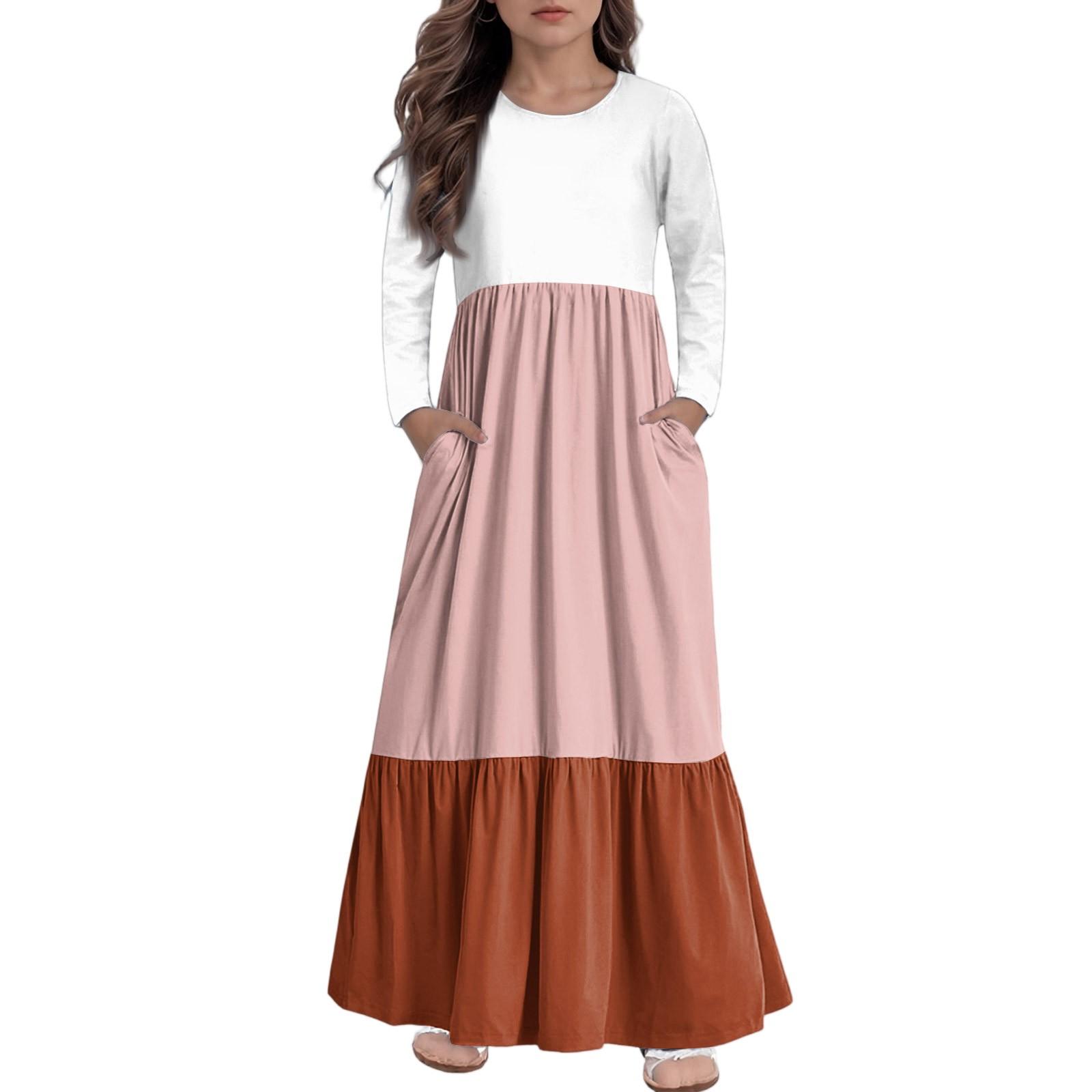 

Макси-платье для девочек, повседневные праздничные платья - платье с длинным рукавом и карманами для 4-14 лет 110 шафрановый