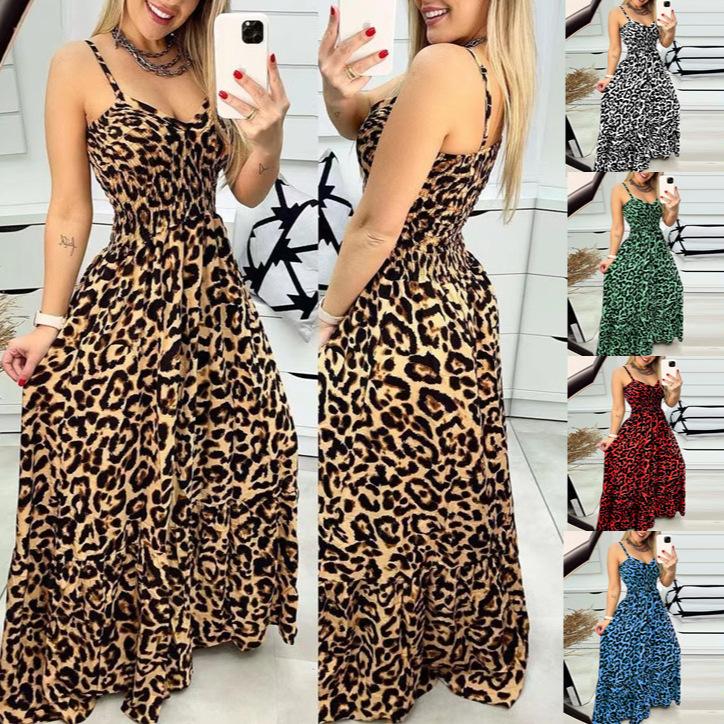 European and American summer new leopard print suspender V-neck dress, high waist skirt, sexy temperament fashion long dress women's clothing