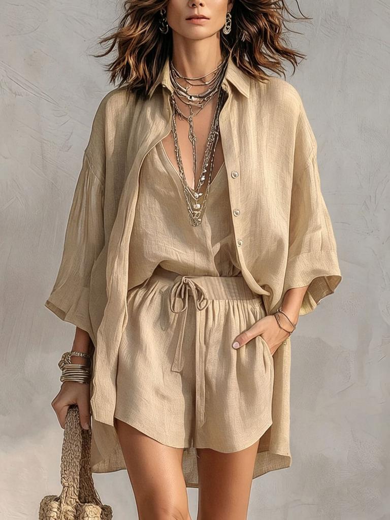 European and American cross-border foreign trade summer lapel breasted nine-point sleeve cardigan deep V-neck vest shorts casual three-piece set women