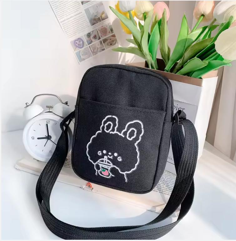 Cute Bear Rabbit Print Crossbody Bags For Women Girls Mini Canvas Square Purse Trendy Cartoon Handbags Shoulder Phone Bag Bolsos