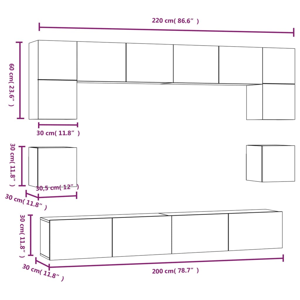 8 piece TV cabinet set white particleboard