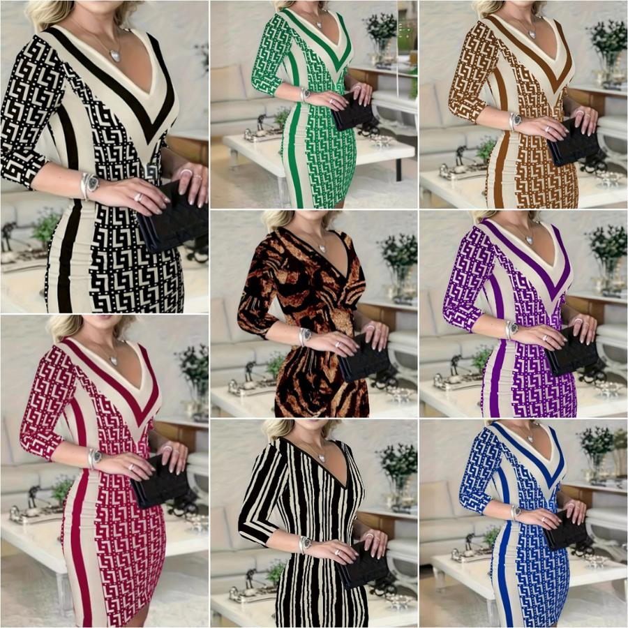 Fall Winter Women's Dresses Geometric Pattern Bodycon 7/8 Sleeve Mini Dress