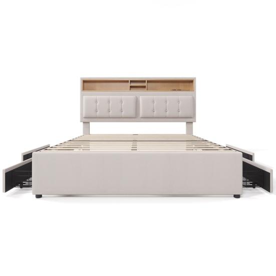Teen Bed Double with 4 Drawers & Usb C Socket, Upholstered Person 160x200cm, Height Adjustable Headboard, Slatted Frame Made of Wood (without