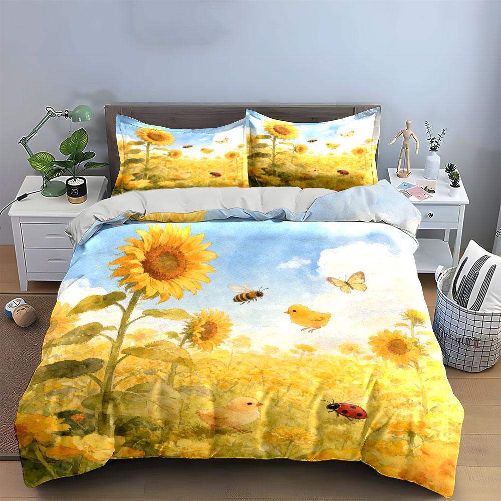Sunflower Theme Nature Decor Set Soft Comfortable Duvet Cover Bedding Set Included 1*Duvet Cover & 2*Pillowcases, Gift