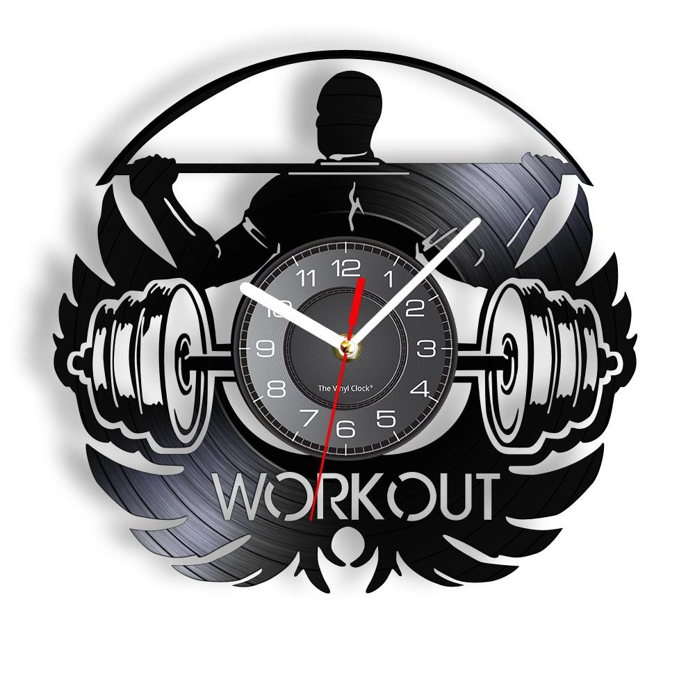 Fitness Dumbbell Vinyl Record Wall Clock Fitness Gym Theme Home Decoration Living Room Fitness Art Decoration Wall Watch