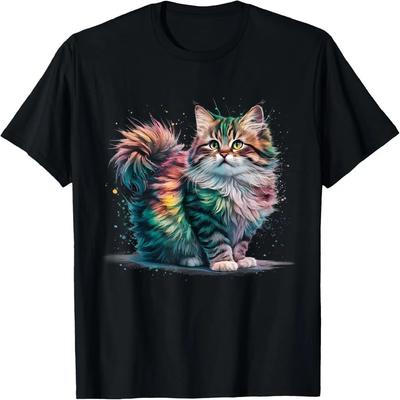 Katze Herren Damen Buntes Aquarell Katze T-Shirt