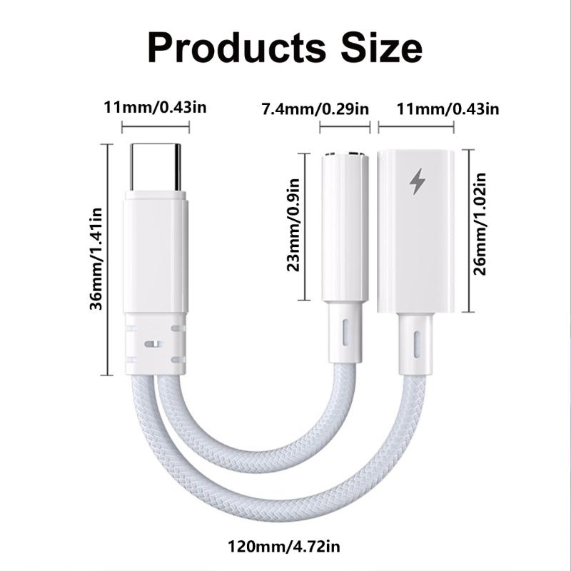 USB C auf 3,5mm Anschluss USB C Splitter Adapter Ladekabel Draht 2 in 1 Unterstützt 15W Schnellladung für Kopfhörer Tablets