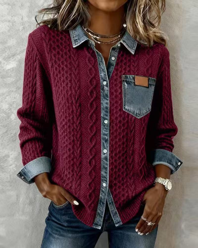 Dark Grey Knit Shirt with Denim Trim and Chest Pocket