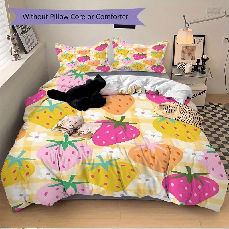 3pcs Strawberry Pattern Bedding Set, Breathable And Soft, Suitable for All Seasons Machine Washable, Suitable for Bedroom Decoration,yy250822139