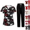 Damen Kurzarm Uniform 2-teiliges Set Halloween-Print Kasack-Oberteil und Hose mit Taschen Pflegekraft