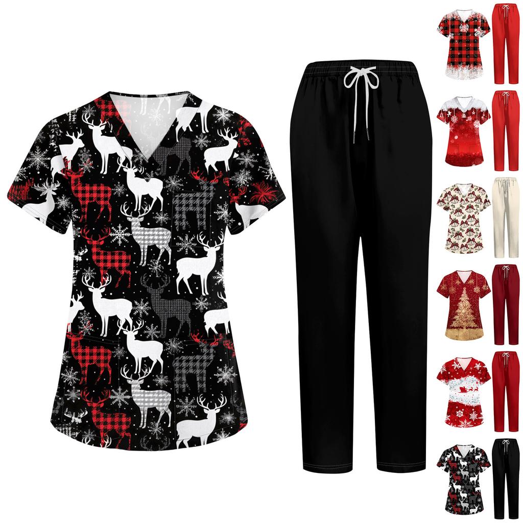Damen Kurzarm Uniform 2-teiliges Set Halloween-Print Kasack-Oberteil und Hose mit Taschen Pflegekraft